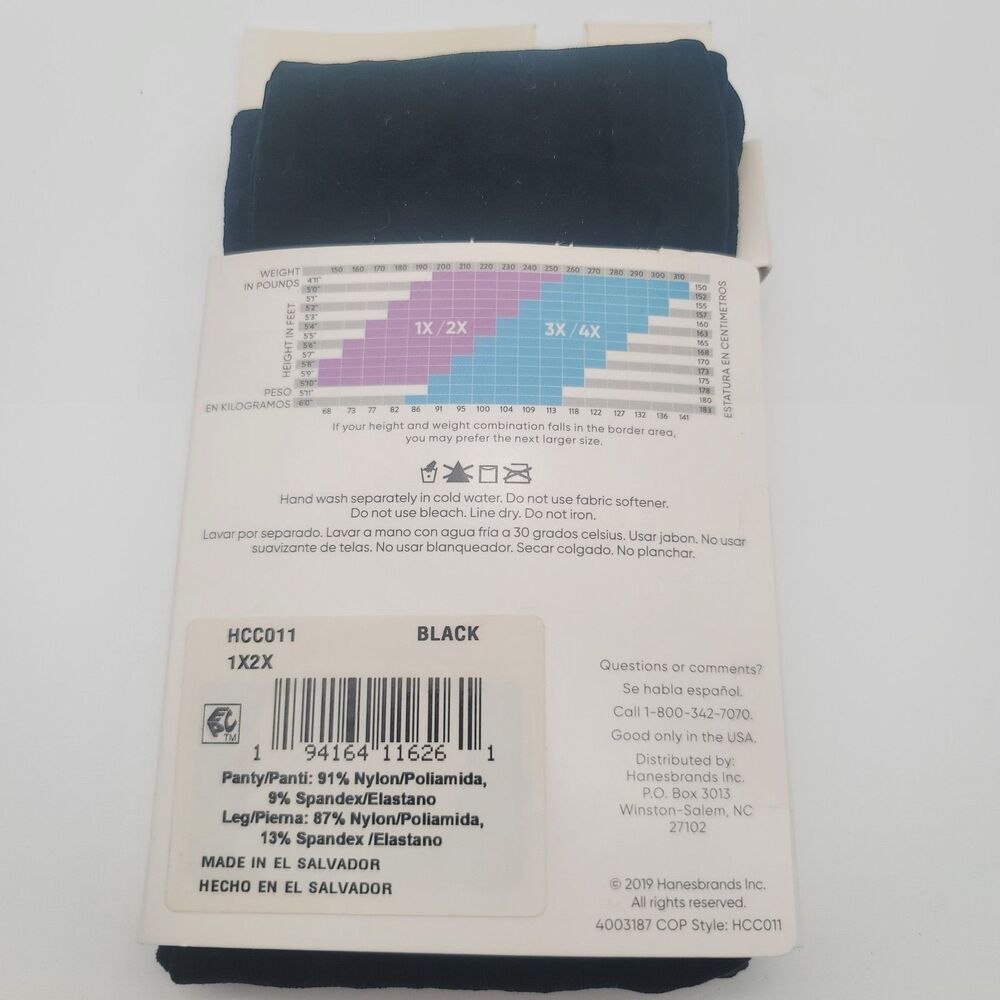 3 Pack Of Hanes Curves Curvy Comfort Seasonless Tights Control Top Black 1X/2X - Picture 3 of 4